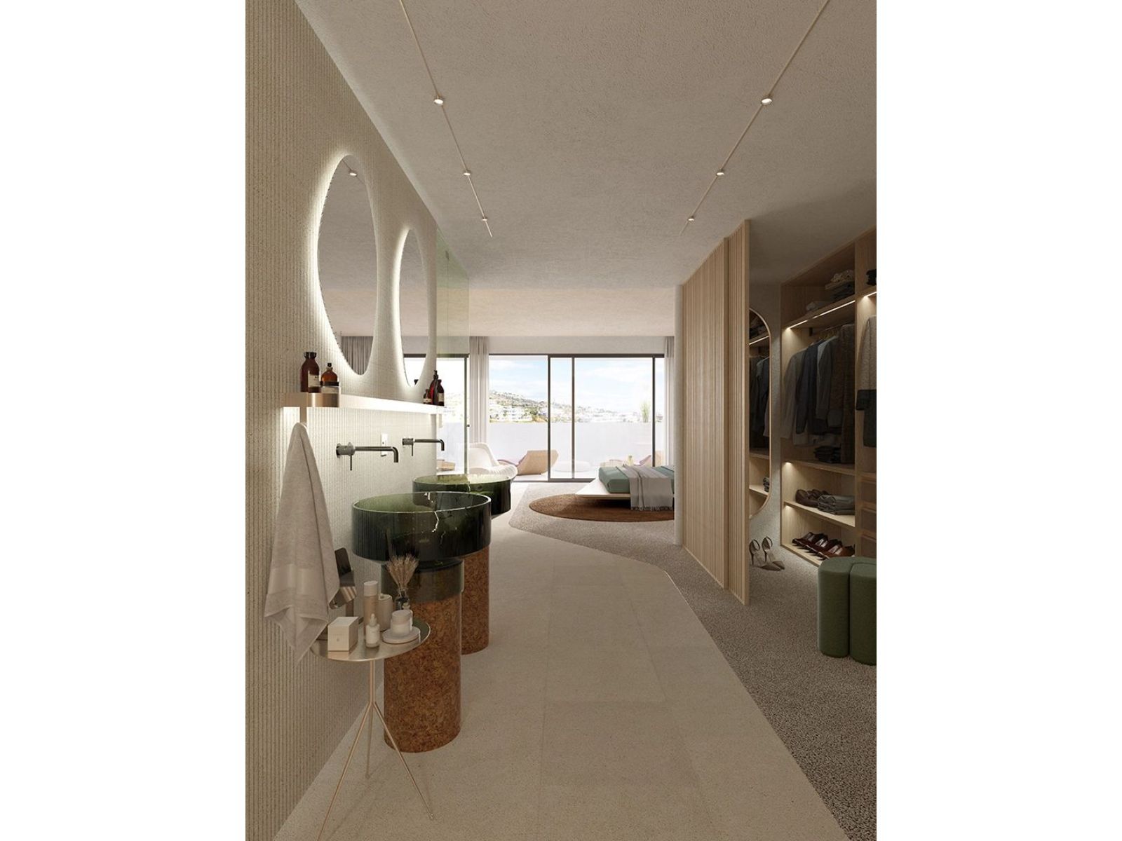 Moderne suite badkamer met slaapkamer en inloopkast